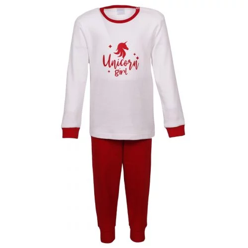 Pijama cu Maneca Lunga pentru Fete Unicorn Girl Ivory cu Rosu - bumbac 100%