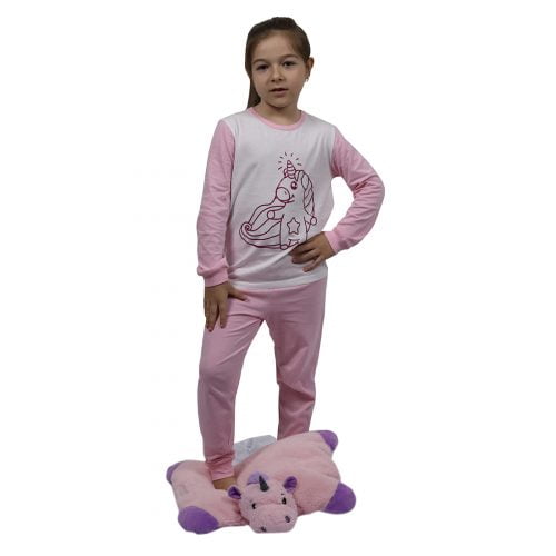 Pijama cu Maneca Lunga pentru Copii Unicorn Love Roz cu Alb - 100% bumbac