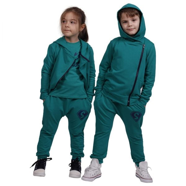 Hanorac Copii cu Gluga si Fermoar Asimetric Verde Smarald - 92% bumbac